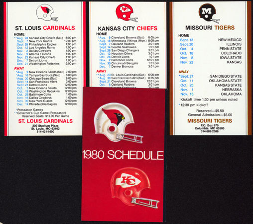 Pocket Schedule that has the 1980 St. Louis Cardinals, Kansas City Chiefs, and Missouri Tigers all i