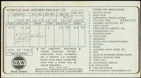 #CA045 - 1969 Norfolk and Western Railroad Pay Stub