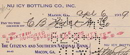 #ZZZ057 - Nu Icy Bottling Company Check from Macon, Georgia