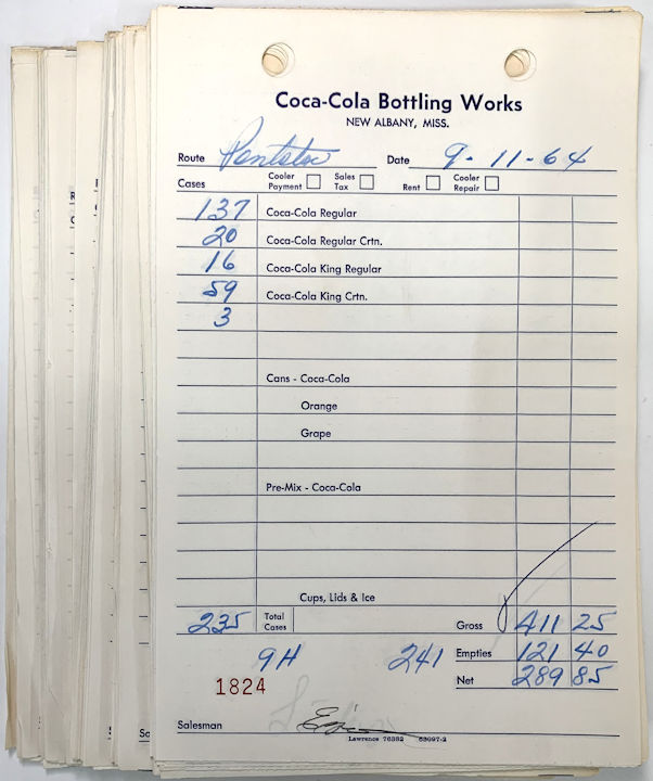 #CC125- Group of 100 1960s Coca Cola Sales Route Sheets from the New Albany, MS Plant