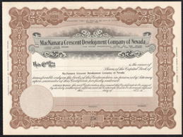 #ZZStock108 - Unissued Stock Certificate from the Macnamara Crescent Development Company of Nevada
