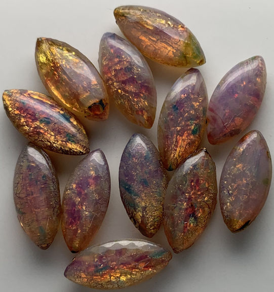 #BEADS0948 - Group of One Dozen Czech Harlequin Glass Navette Shaped Cabochons - Fire Opals