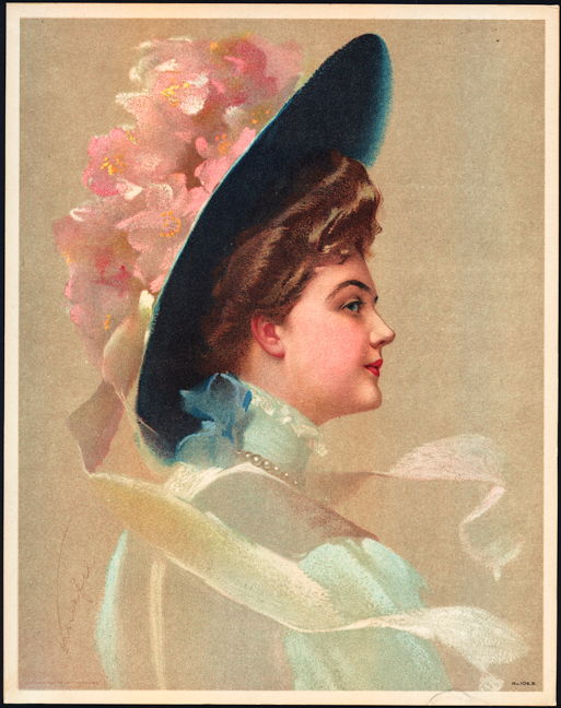 1910 Victorian Print - Lady in Blue with Pink Flowers