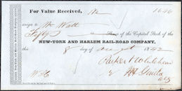 #ZZStock092 - 1842 Receipt for Shares of Stock in The New York Harlem Railroad Company