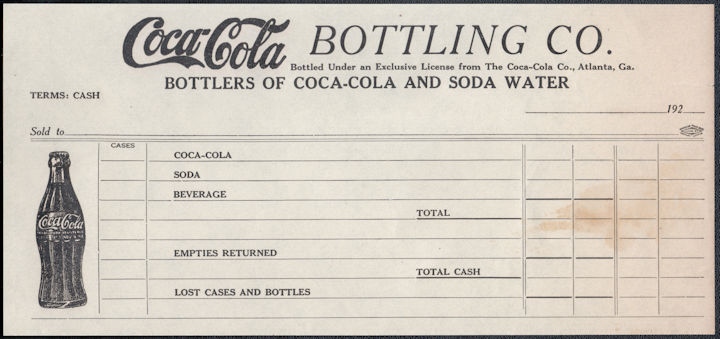 #CC408 - Rare 1920s Coca-Cola Receipt - Pictures the 1915 Coke Bottle
