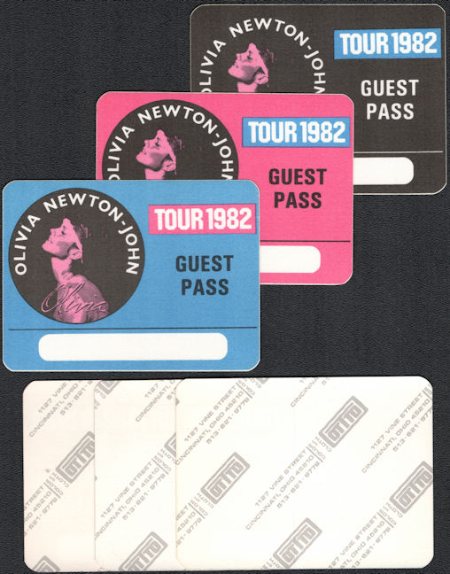 ##MUSICBP0576  - Group of 3 Different Colored Olivia Newton John Guest Cloth Guest OTTO Backstage Passes from the 1982 Physical Tour