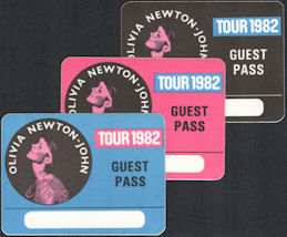 ##MUSICBP0576  - Group of 3 Different Colored Olivia Newton John Guest Cloth Guest OTTO Backstage Passes from the 1982 Physical Tour