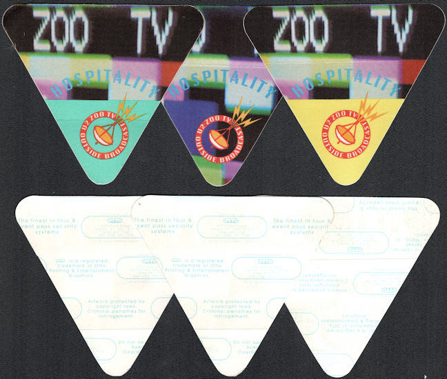 ##MUSICBP0326 - Group of 3 Different Colored OTTO Cloth U2 Hospitality Backstage Passes from the 1992/93 Zoo TV Tour