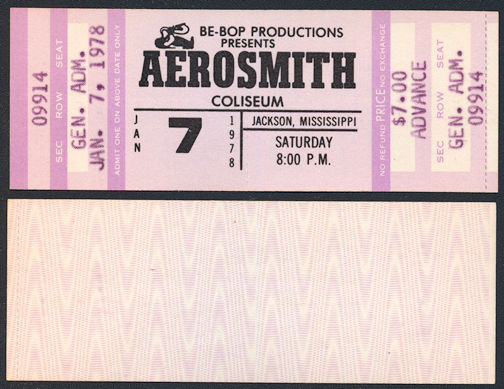 ##MUSICBPT0003 - 1978 Aerosmith Advance Ticket from Jackson, Mississippi - From the Bootleg Tour