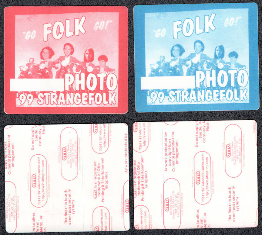 ##MUSICBP1073 - Pair of Strangefolk OTTO Cloth Photo Passes from the 1999 Go Folk Go Tour