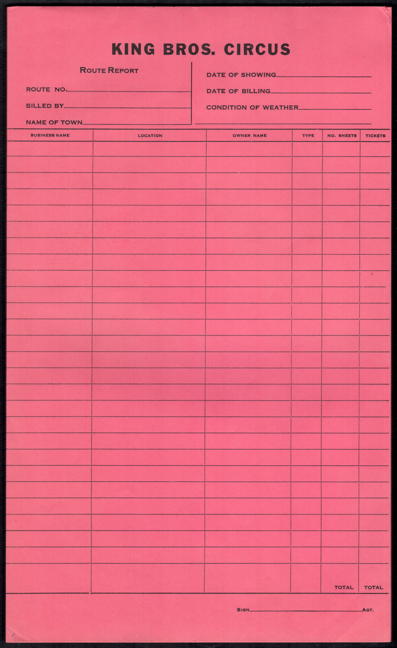 #UPaper229 - King Bros. Circus Route Report Sheet