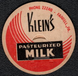 #DC300 - Klein's Pasteurized Milk Bottle Cap - Farrell, PA