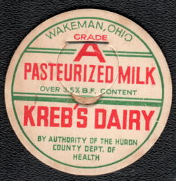 #DC304 - Kreb's Dairy Pasteurized Milk Bottle Cap - Wakeman, OH