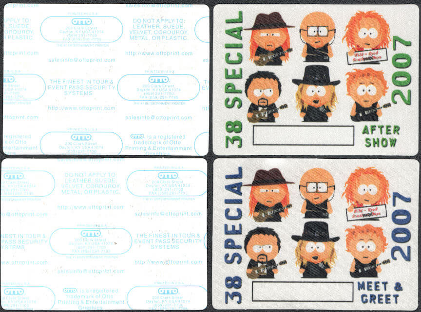 ##MUSICBP0328 - Pair of Two Different 38 Special OTTO Cloth After Show and Meet and Greet Backstage Passes Featuring South Park Characters