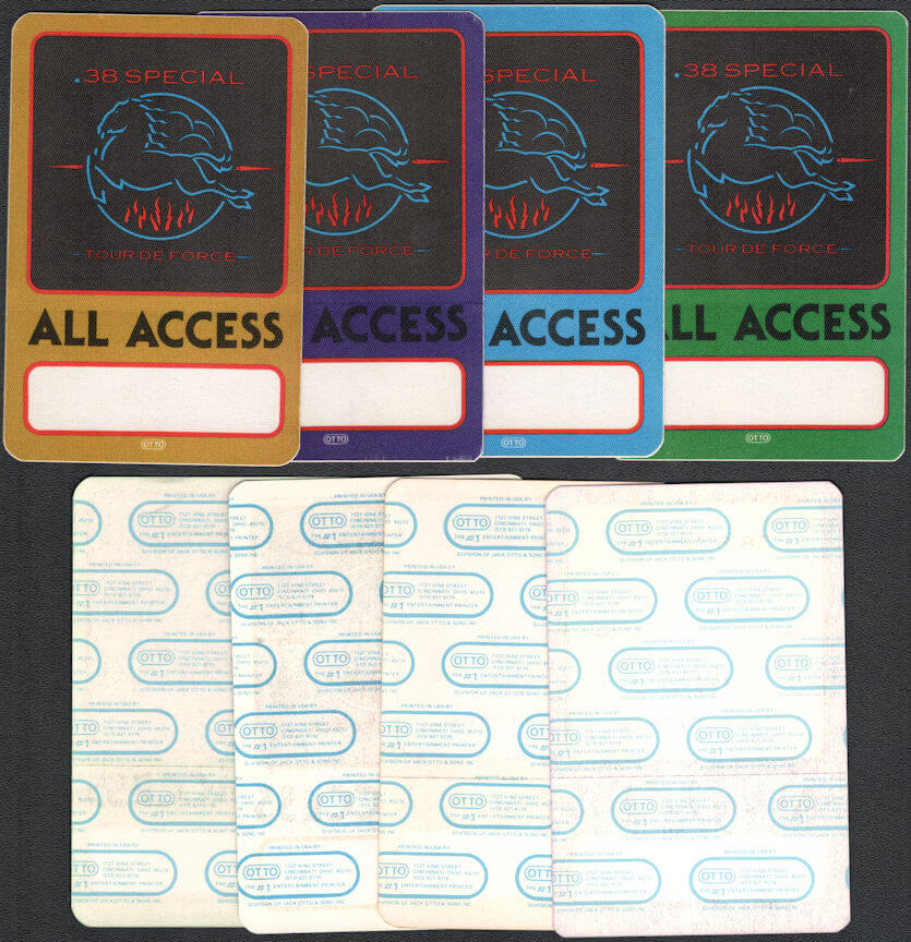 ##MUSICBP0088  - Group of 4 Different Colored 38 Special 1984 Tour De Force OTTO All Access Backstage Passes