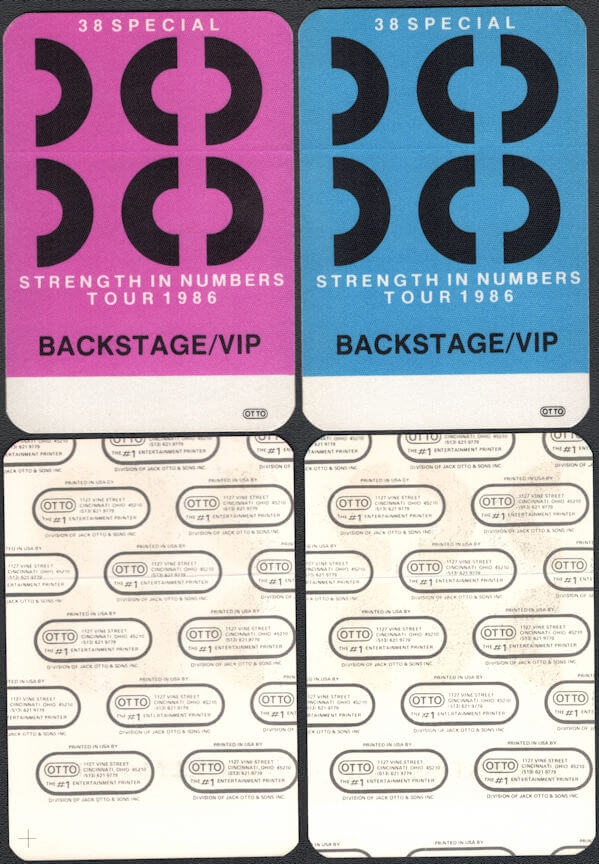 ##MUSICBP0159  - Pair of 38 Special 1986 Strength in Numbers OTTO Cloth Backstage/VIP Passes