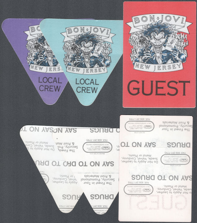 ##MUSICBP2065 - Group of 3 Different Bon Jovi OTTO Cloth Backstage Pass from the 1988 New Jersey Syndicate Tour - Joker (Batman) Pictured