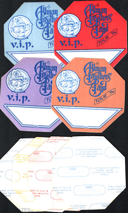 ##MUSICBP0333  - Group of 4 Different Colored The Allman Brothers Band OTTO Cloth VIP Backstage Pass from the 1994 "Where it all Begins" Tour