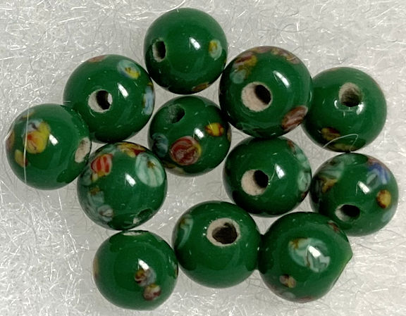 #BEADS0021 - Group of 12 6mm Green Glass Japanese Millefiori Flower Beads
