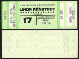 ##MUSICBPT0070 - 1980 Linda Ronstadt Ticket from the Jackson, MS Coliseum Concert