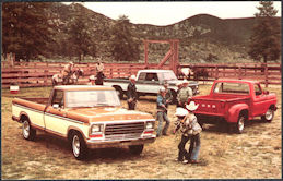 #BGTransport527 - 1979 Ford Dealer Postcard - Ranger Lariat, F-250 Supercab, and Free Wheeling Flareside Pictured