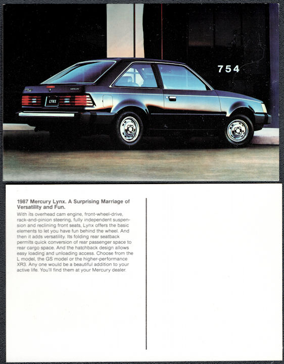 #BGTransport538 - 1987 Mercury Dealer Postcard - Mercury Lynx