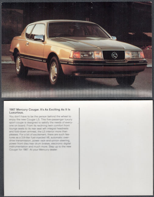 #BGTransport557 - 1987 Mercury  Cougar Advertising Postcard