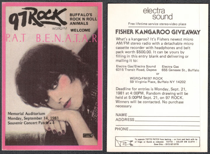 ##MUSICBP1322 - Pat Benatar Radio Promo OTTO Cloth Backstage Pass from the 1981 "Precious Time" Tour - 97 Rock
