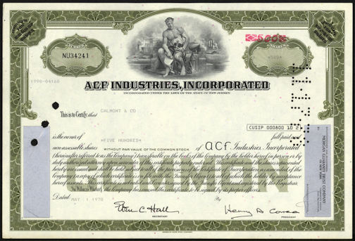 #ZZStock062 - ACF Industries, Incorporated Stock Certificate (American Car and Foundry Company)