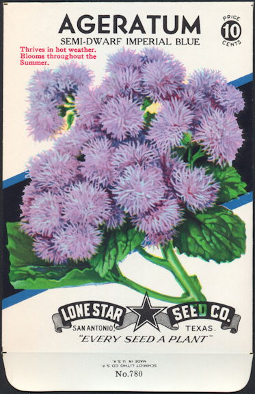 #CE001.1 - Group of 12 Colorful Semi-Dwarf Imperial Blue Ageratum Lone Star 10¢ Seed Packs