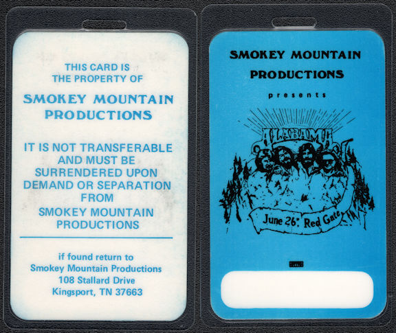 ##MUSICBP0538 - Alabama OTTO Laminated Backstage Pass from the Red Gate Concert on June 26th, 1982
