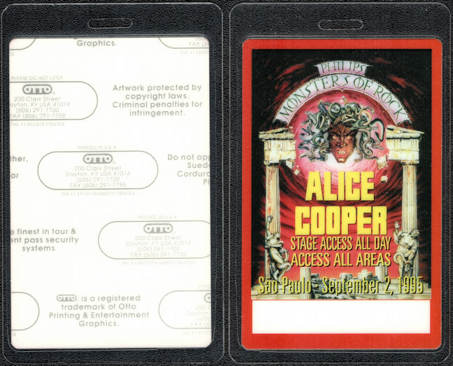 ##MUSICBP1773 - Alice Cooper OTTO Laminated Stage Access Pass from the 1995 Monsters of Rock Festival