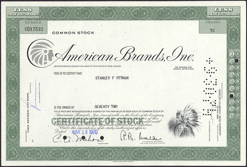 #ZZCE029 - Stock Certificate from American Brands, Inc.