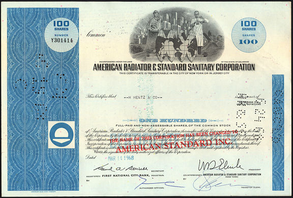 #ZZCE066 -American Radiator & Standard Sanitary Corporation Stock Certificate