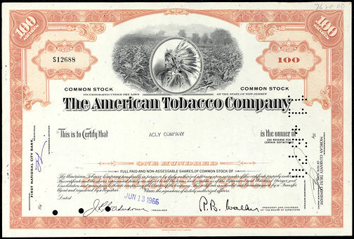 #ZZStock022 - 1950s 100 Share Stock Certificate from The American Tobacco Company