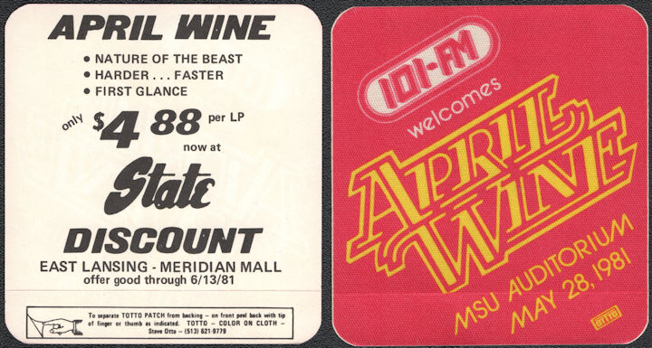 ##MUSICBP0360  - April Wine 1981 Nature of the Beast World Tour OTTO Cloth Backstage Pass - Radio Station 101 FM