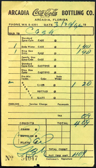 cc350 coca cola route receipt from the arcadia florida plant list of coke products