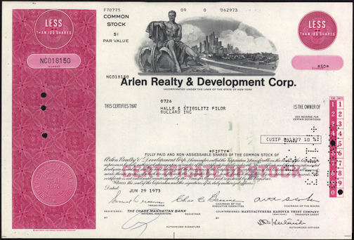 #ZZStock060 - Arlen Realty & Development Corp. Stock Certificate