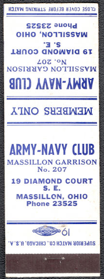 #TM108 - Scarce Army-Navy Club Matchbook Cover - Massillon, Ohio