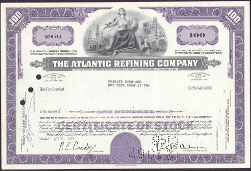 #ZZStock033 - Stock Certificate from The Atlantic Refining Company (Atlantic Richfield)