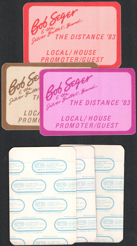 ##MUSICBP0166  - 3 Different Colored Bob Seger & the Silver Bullet Band OTTO Cloth Promoter/Guest Backstage Passes from the 1983 The Distance Tour OTTO Backstage Pass