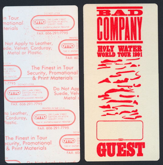 ##MUSICBP0178 - Super Rare Glow in the Dark Bad Company OTTO Guest Cloth Backstage Pass from the 1991 Holy Water World Tour