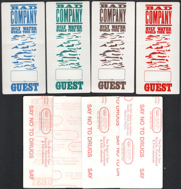 ##MUSICBP0441  - Group of 4 DIfferent Colored 1991 Bad Company Holy Water Tour OTTO Backstage Guest Passes