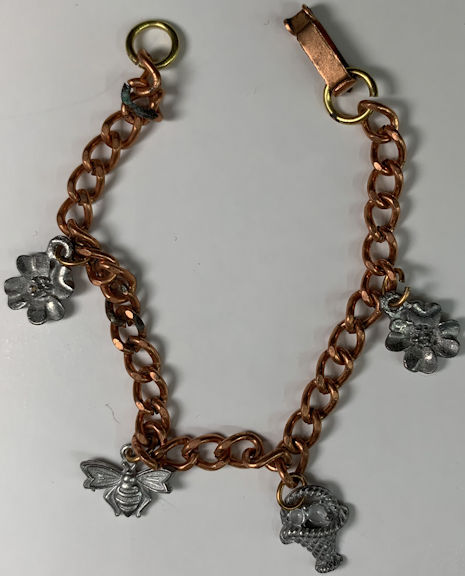 #BEADS0898 - Copper Charm Bracelet with Metal Bumblebee, and Basket, and Flower Charms