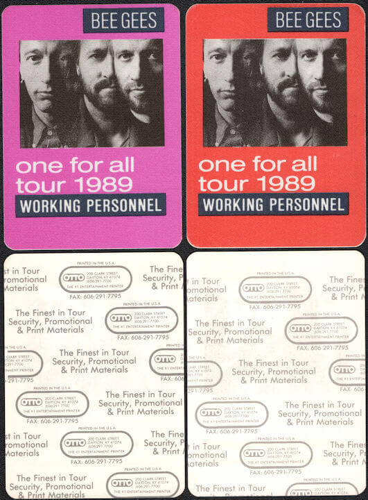##MUSICBP0112 - Pair of Different Colored Bee Gees OTTO Cloth Working Personnel Backstage Passes from the 1989 One for All Tour