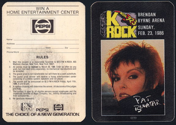 ##MUSICBP0334 - Pat Benatar OTTO Cloth Backstage Radio Pass from the Feb 23, 1986 Concert at Brendan Byrne Arena
