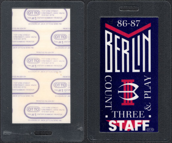 ##MUSICBP0601 - 1986 Berlin Laminated Staff Backstage Pass from the "Count Three and Play" Tour