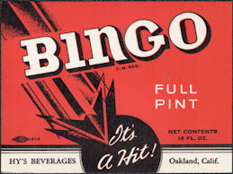 #ZLS249 - Bingo Soda Bottle Label - Oakland, CA