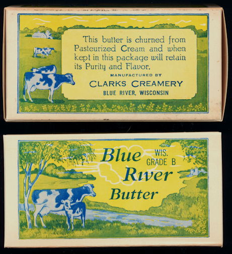 #DA099  - Waxed Blue River Butter Box with Cows - 1927