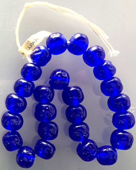 #BEADS0942 - Strand of 24 Cherry Brand Glass 12mm Transparent Sapphire Blue Baroque (Dimpled) Glass Beads
